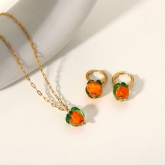 Fashion Lovely Glazed Persimmon Pendant Necklace 18k Gold Stainless Steel Earrings Set Manufacturer