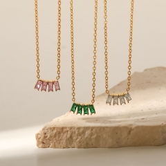 Wholesale Gold Plated Stainless Steel With Pink White Green Zirconia Rectangular Pendant Titanium Steel Necklace