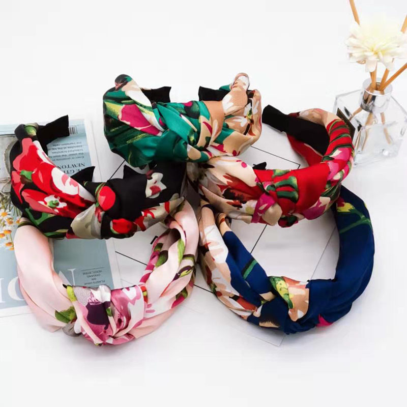Wholesale Jewelry Korean Version Of Geranium Printed Satin Fabric Knotted Simple Wide Side Twisted Knotted Headband