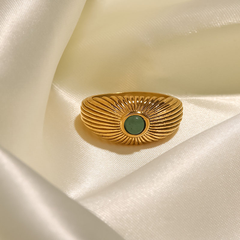 Wholesale French 18k Gold Plated Stainless Steel Natural Green Stone Sun Punk Ring