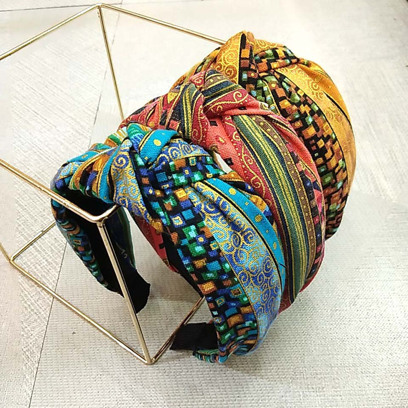 Wholesale Jewelry Wide Edge Printed Hemp Hair Band Fabric Knotted