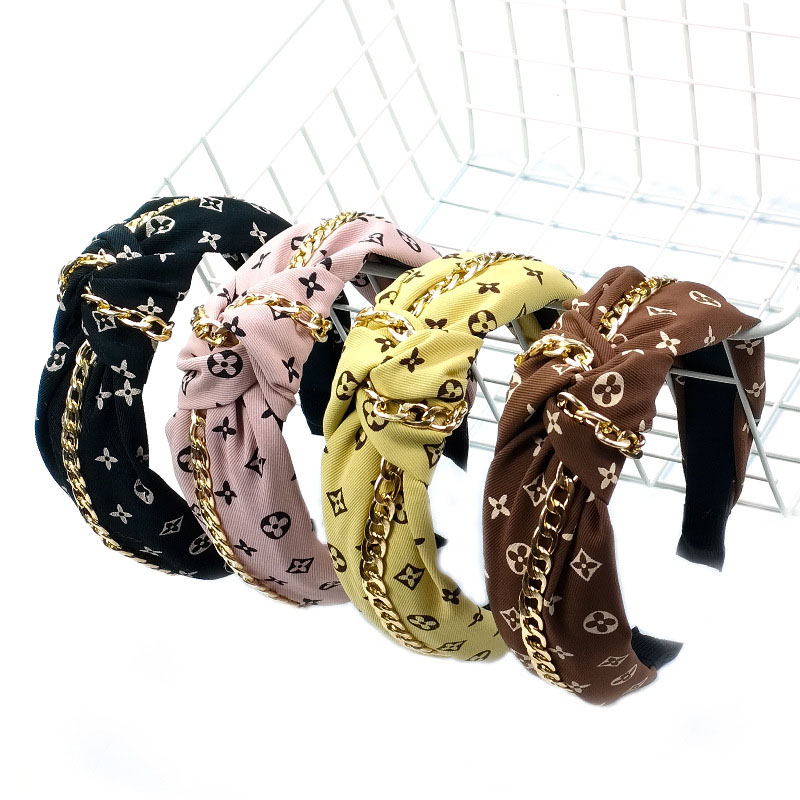 Metal Chain Knotted Wide Edge Fabric Printed Headband Simple Personality Retro Distributor