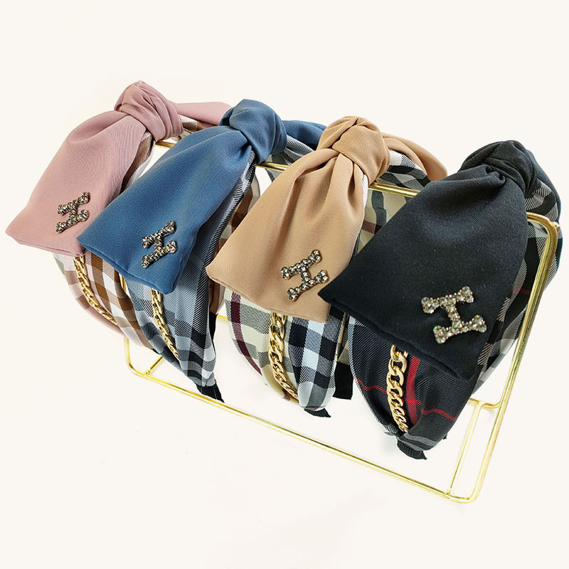 Korean Metal Chain Simple Plaid Bow Headband Rhinestone Letters Distributor