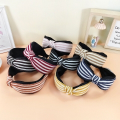 Retro Stripes Color Blocking Knitted Knotted Hair Band Wide Side Mixed Color Korean Wool Distributor