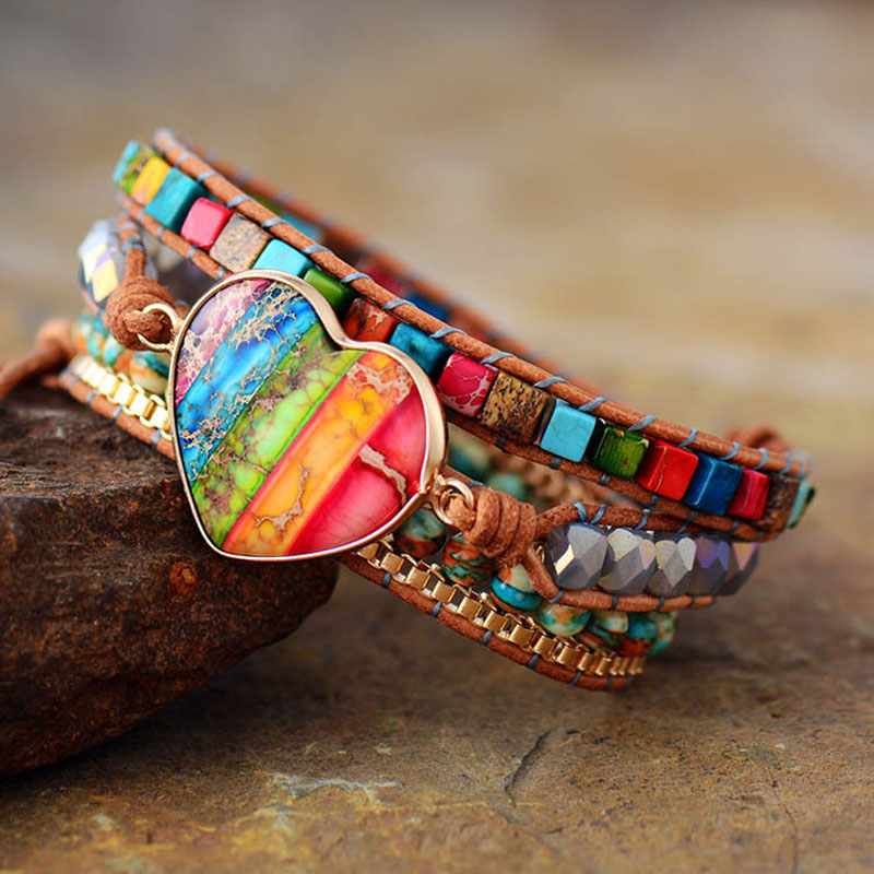Heart Shaped 5 Color Natural Imperial Stone Leather Wrapped Woven Multi-layer Bracelet	 Manufacturer