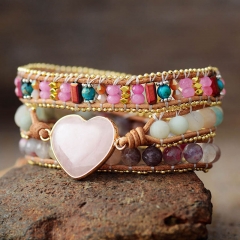 Pink Crystal Heart Shaped Leather Wrapped 3 Circle Wrap Bohemian Friendship Bracelet	 Manufacturer