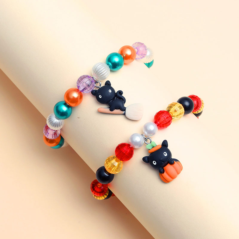 Wholesale Halloween Fine Colorwork Beaded Pumpkin Broom Kitten Charm Stretch Bracelet