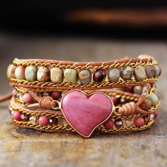 Red Stripe Heart Wrap Stone Hand-woven 3-layer Leather Bracelet	 Manufacturer