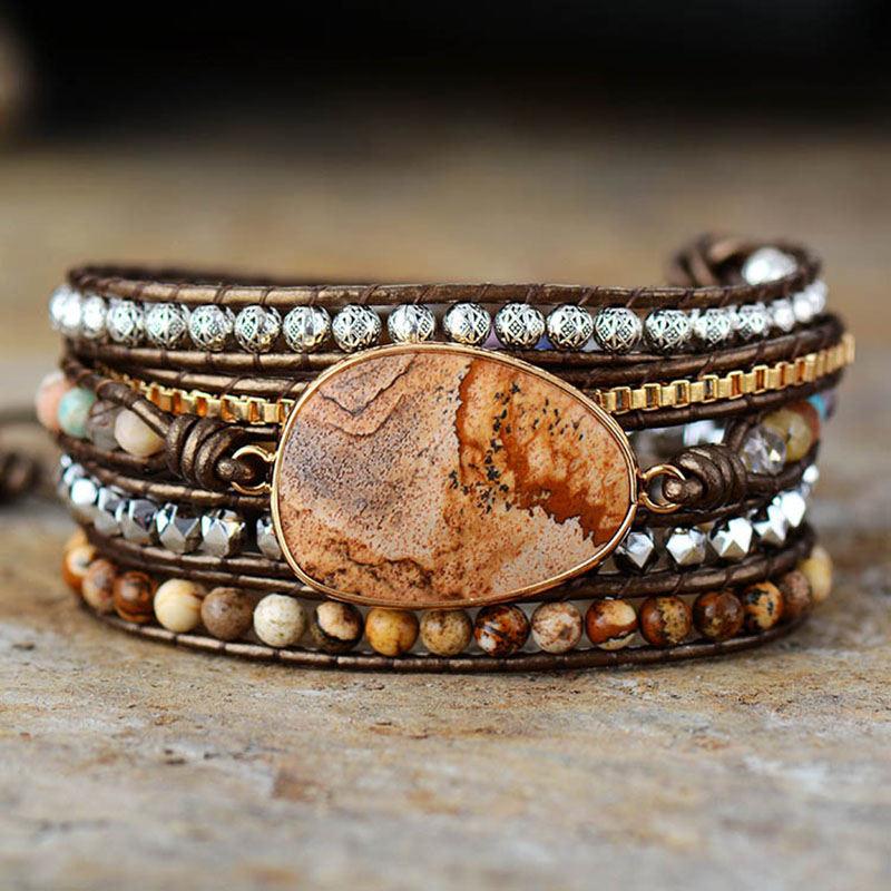 Picture Stone 5 Circles Wrapped Leather Bracelet Vintage	 Manufacturer