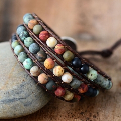 Wholesale 6mm Frosted Stone Beads Hand Woven Leather Bracelet