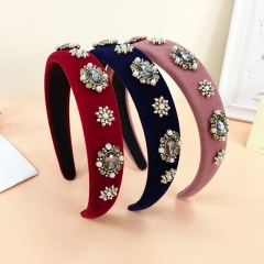 Korean Version Of The Retro Broadside Heavy Baroque Trend Flocked With Diamonds Pearl Flower Hair Bands Distributor