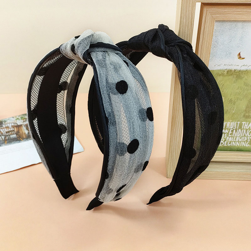 Lace Flocking Korean Retro Mesh Wide Side Middle Knotted Polka Dot Hair Band Distributor