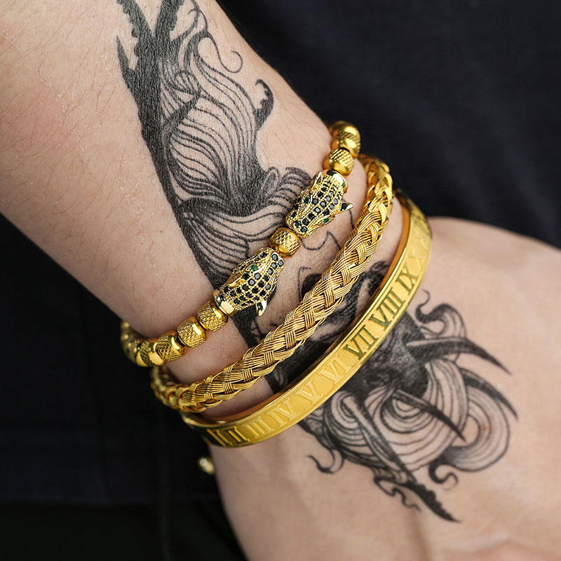 Brass With Zirconia Leopard Head Roman Alphabet Braided Stainless Steel Grid Bangle Set Of Three	 Vendors