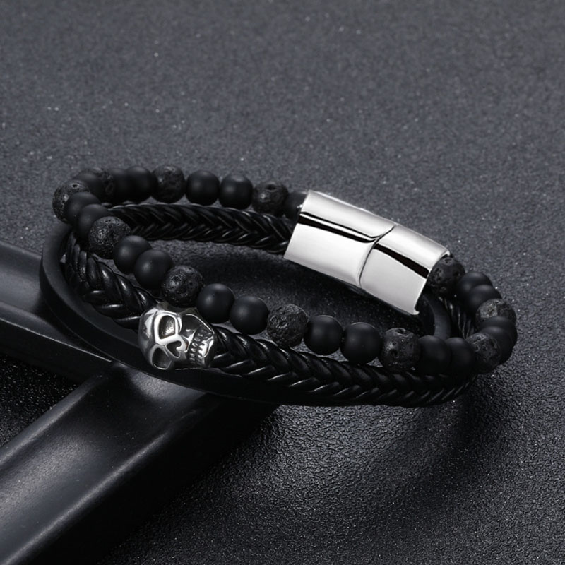 Wholesale Punk Skull Natural Stone Beads Leather Braided Multi-layer Bracelet	 Vendors