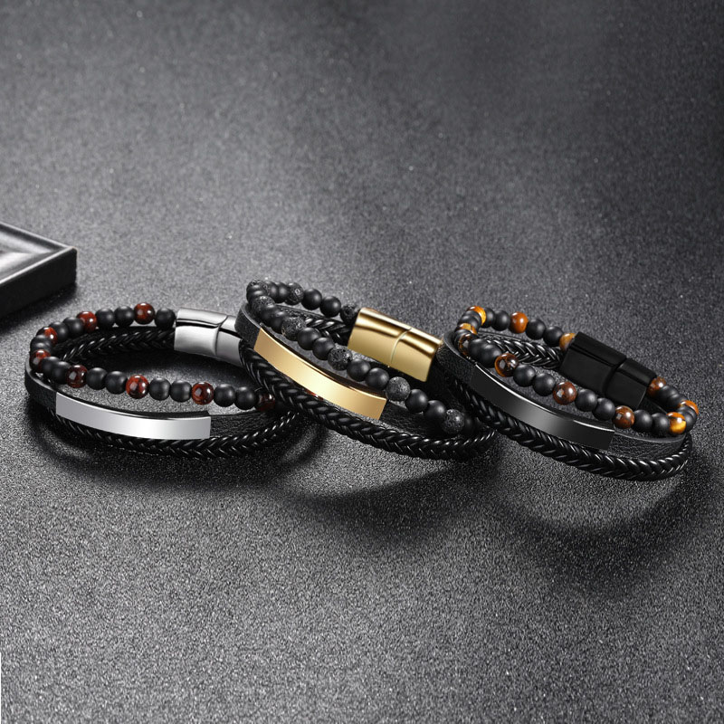 6mm Tiger Eye Bead Bracelet Leather Cord Braided Multi-layer Cowhide Black Bracelet	 Vendors