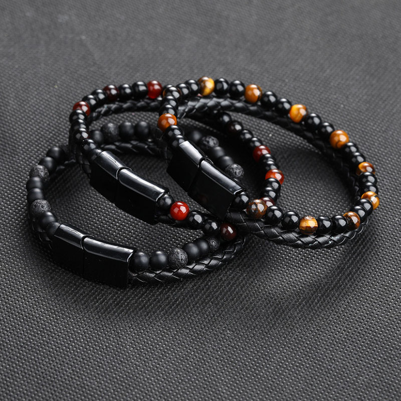 Wholesale Natural Tiger Eye Stone Leather Braided Multi-layer Magnet Clasp Double Row Bracelet