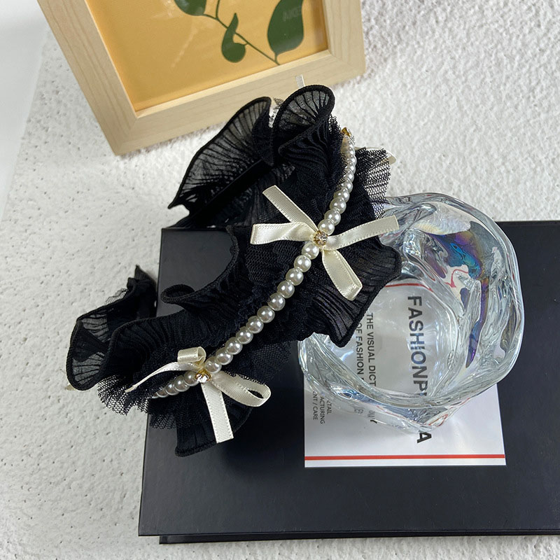 Japanese And Korean Chiffon Small Bow French Ruffle Ruffle Pearl Rhinestone Headband Distributor