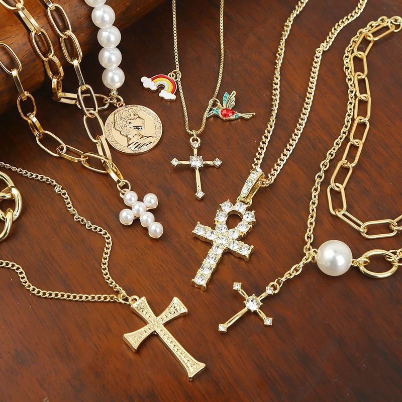 Wholesale Pearl Pendant Vintage Exaggerated Multi-layer Cross Necklace