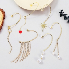 Wholesale Pearl Love Star With Diamonds Tassel Pendant Earrings Without Ear Holes Butterfly Chain Ear Hanging Earrings