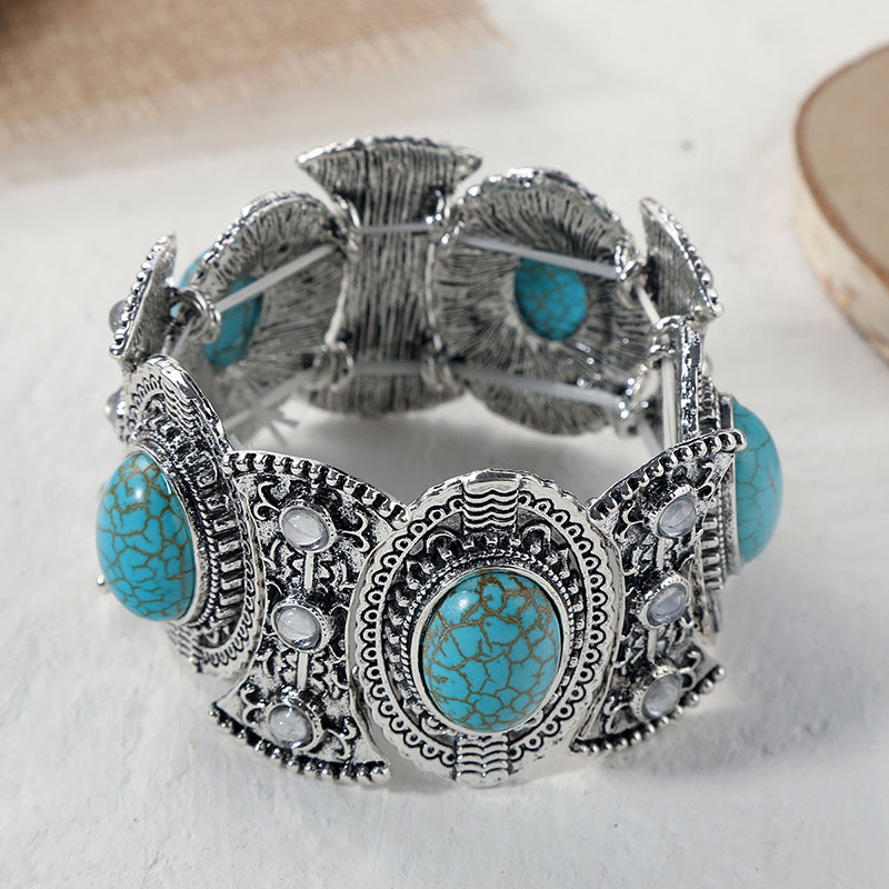 Wholesale Fashion Turquoise Bohemian Ethnic Alloy Vintage Silver Natural Stone Bracelet