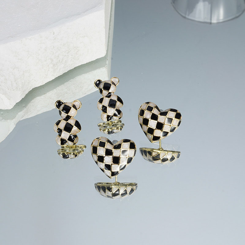 Checkerboard Grid Bear S925 Silver Pin Korean Black Earrings	 Vendors