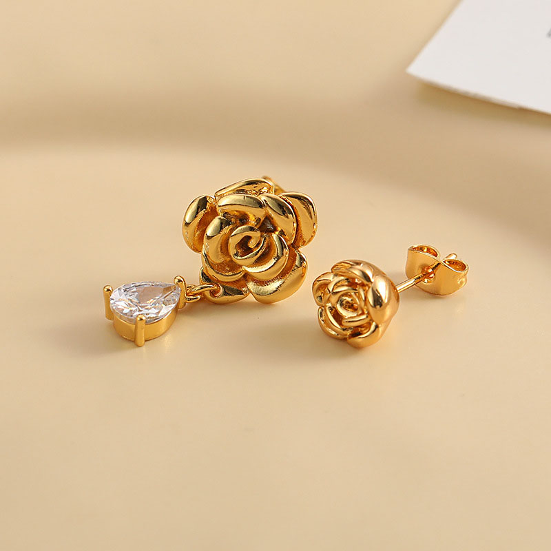 Asymmetrical Flower Earrings Rose 18k Gold 925 Silver Pin Earrings	 Supplier