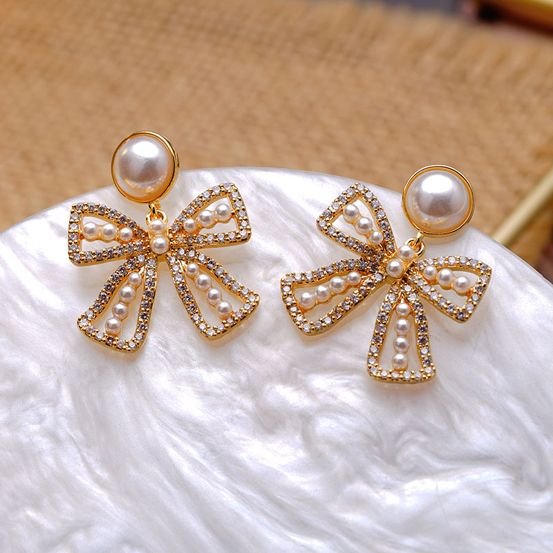 Bow Pearl Earrings Zirconia Elegant 18k Gold Studs	 Vendors