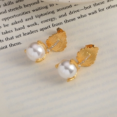 French Pearl Earrings Fashion Vintage With Diamond Leaf Studs	 Supplier