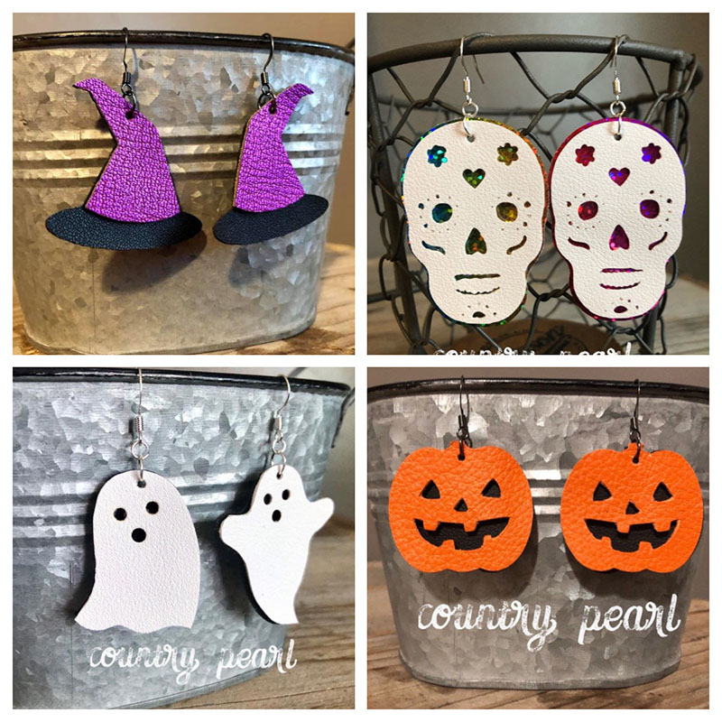 Wholesale Halloween Teardrop Smiley Face Pumpkin Double-sided Printed Leather Earrings