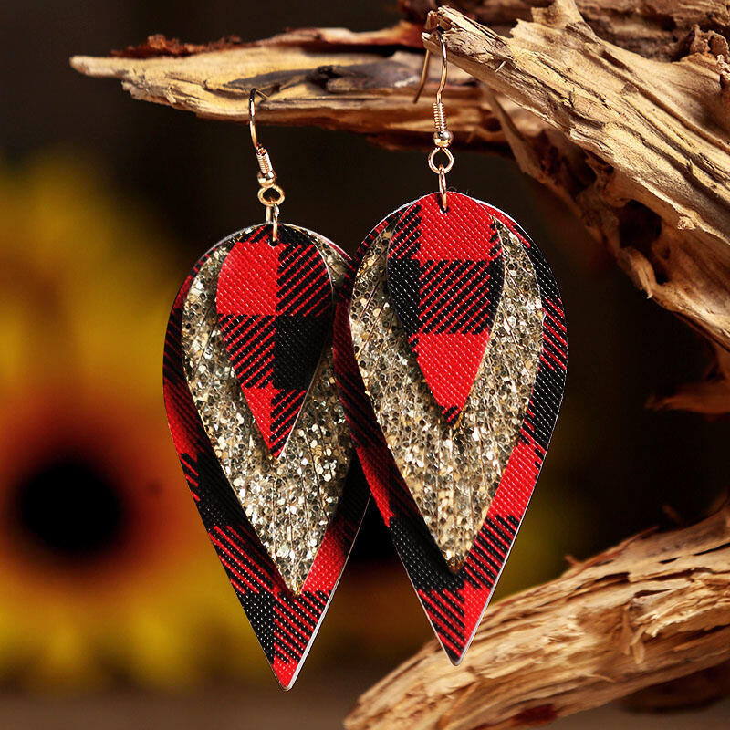 Wholesale Christmas Tree Leaves Exaggerated Sequins Red And Black Checkered Triple Leather Earrings