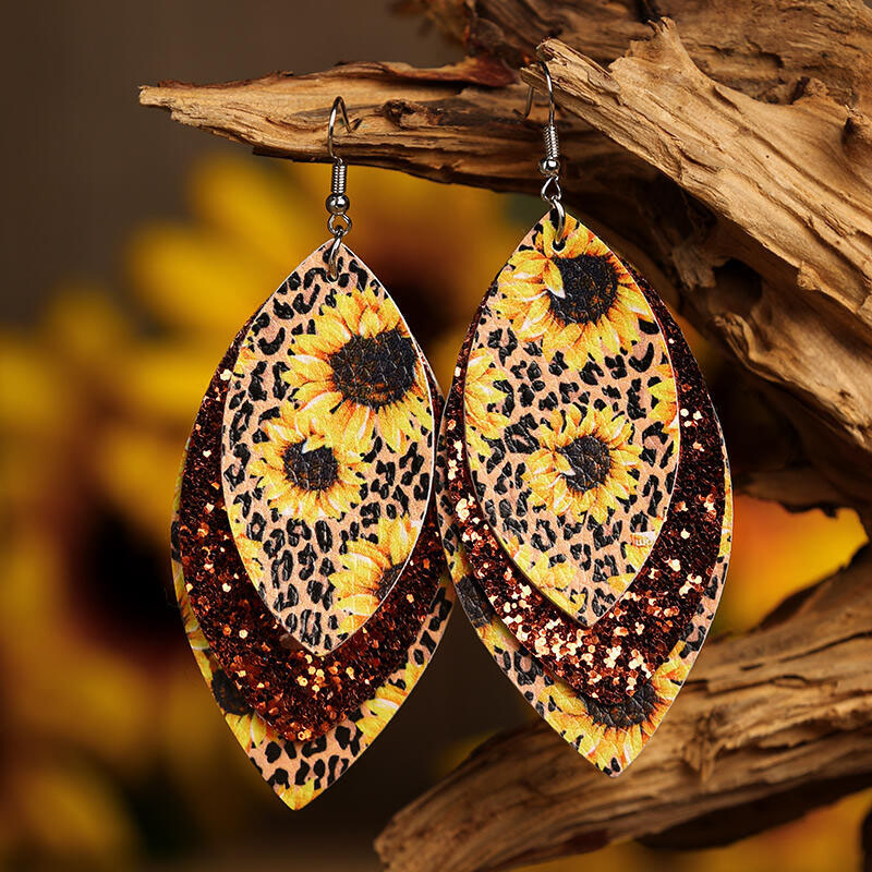 Wholesale Vintage Faux Wood Carving Sunflower Flowers Riding Cowboy Reversible Leather Earrings