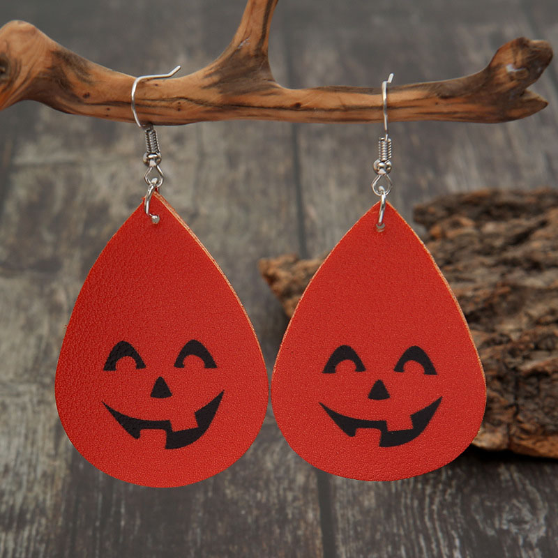 Halloween Teardrop Smiley Face Pumpkin Double-sided Printed Leather Earrings