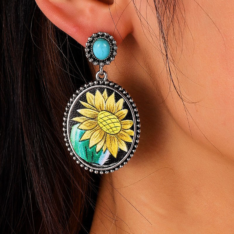 Vintage Sunflower Turquoise Cactus Metal Leather Earrings