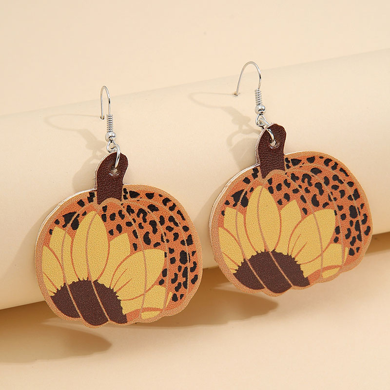 Halloween Leopard Print Sunflower Pumpkin Head Leather Earrings