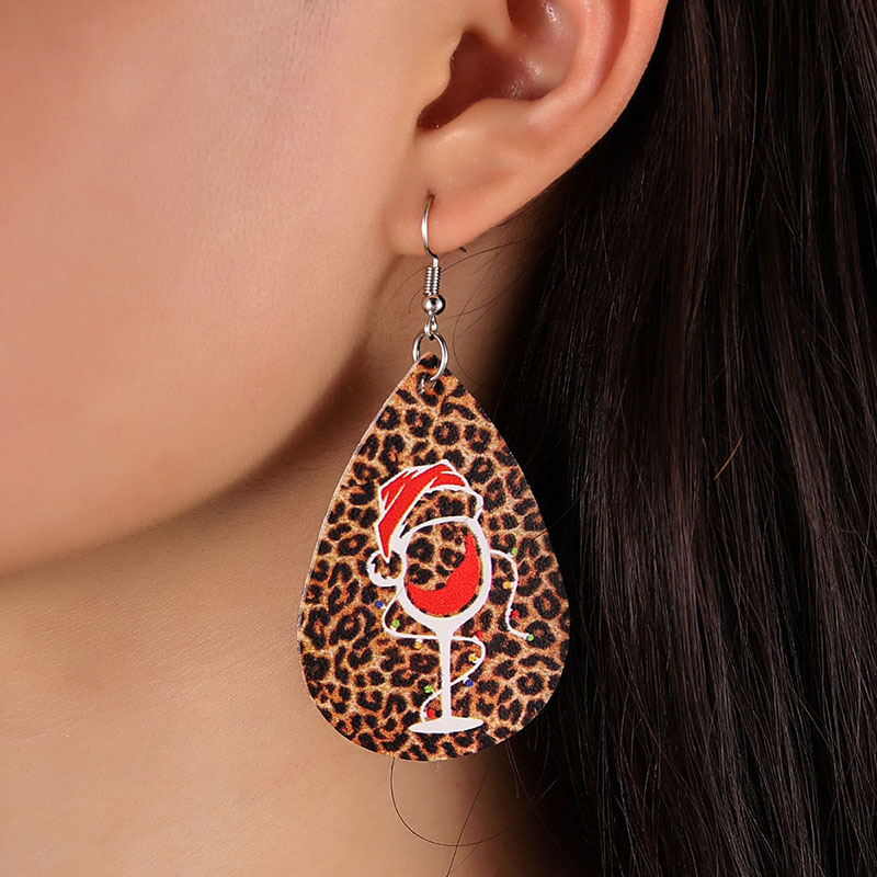 Wholesale Santa Claus Heart-shaped Striped Leopard Print Patchwork Leather Earrings