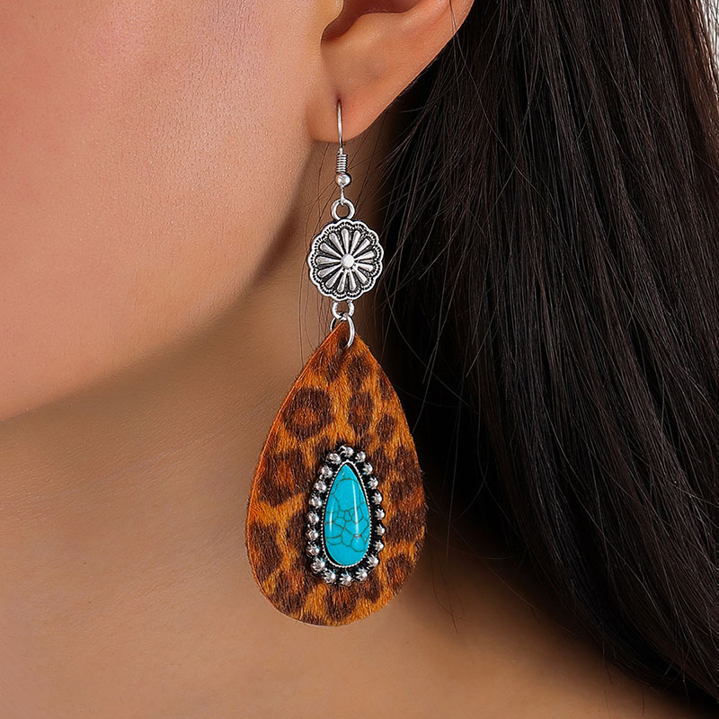 Turquoise Drops Leopard Print Geometric Plush Leather Earrings