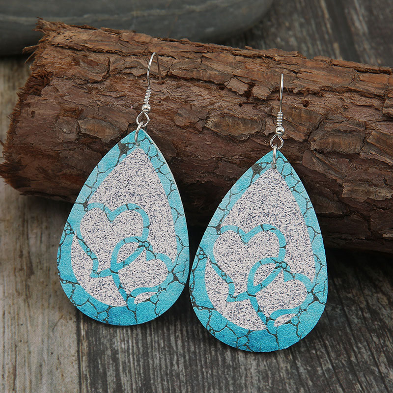 Valentine's Day Teardrop Turquoise Pattern Sequin Personalized Double Love Heart Leather Earrings