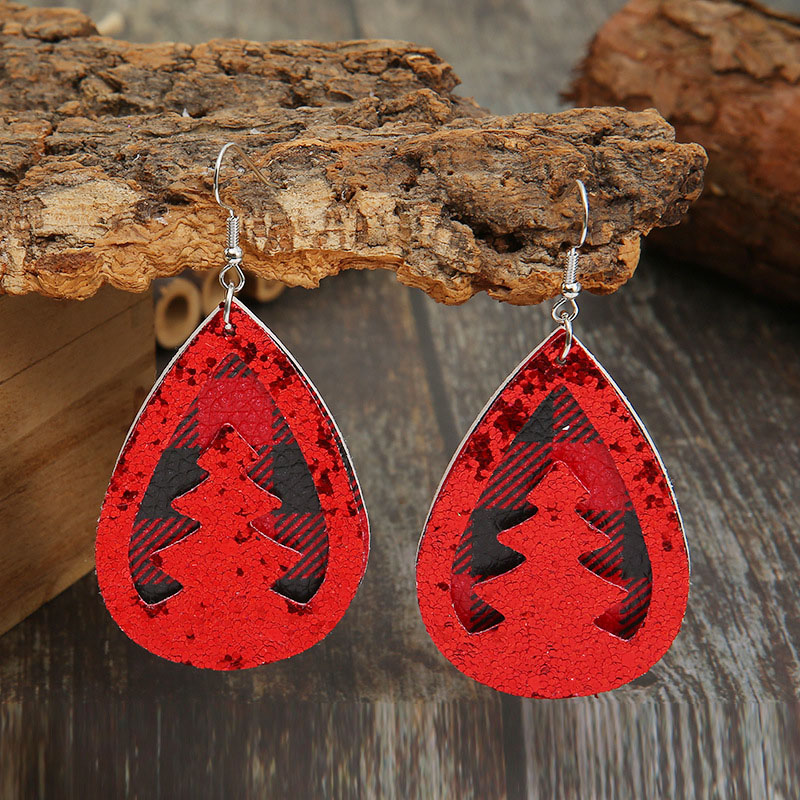 Christmas Double Layer Hollow Christmas Tree Sequins Pu Leather Earrings Red And Black Checkered Earrings