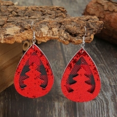 Christmas Double Layer Hollow Christmas Tree Sequins Pu Leather Earrings Red And Black Checkered Earrings