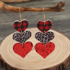 Valentine's Day Plaid Peach Heart Patchwork Leopard Sequin Leather Earrings