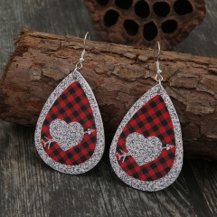 Valentine's Day Teardrop Red Plaid One Arrow Through The Heart Sequin Leather Earrings