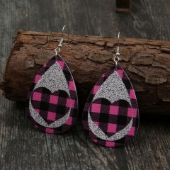 Valentine's Day Pink And Black Checkered Silver Sequins Peach Heart Hollow Leather Earrings