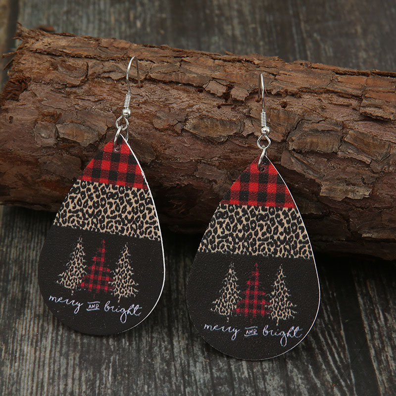 Christmas Vintage Multi-color Red Plaid Leopard Letters Christmas Tree Leather Earrings
