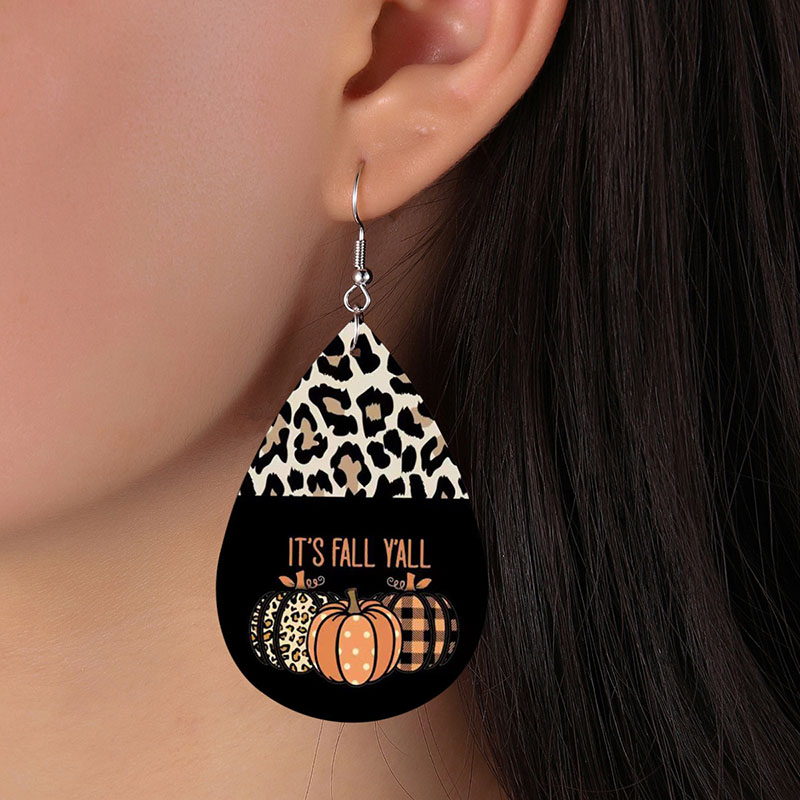 Halloween Vintage Leopard Patchwork Pumpkin Double-sided Printing Pu Leather Earrings