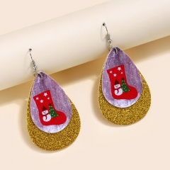 Christmas Teardrop Sequin Snowman Socks Double Layer Leather Earrings