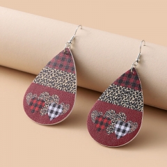 Valentine's Day Vintage Teardrop Red Plaid Peach Heart Leopard Print Leather Earrings