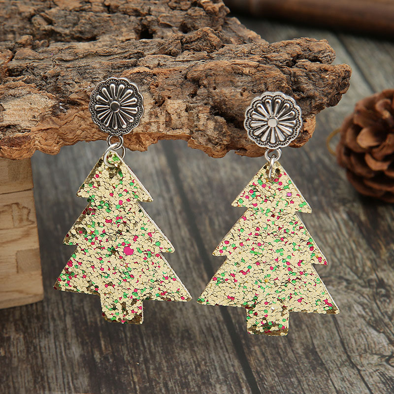 Christmas Exaggerated Personality Sequin Christmas Tree Leather Earrings