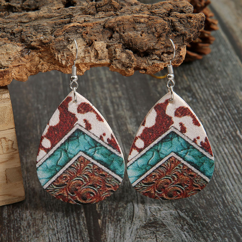 Vintage Teardrop Cow Print Leather Earrings Pu Reversible Earrings