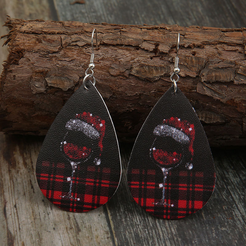 Christmas Gradient Red Plaid Leather Earrings Sequins Red Wine Glass Double-sided Earrings