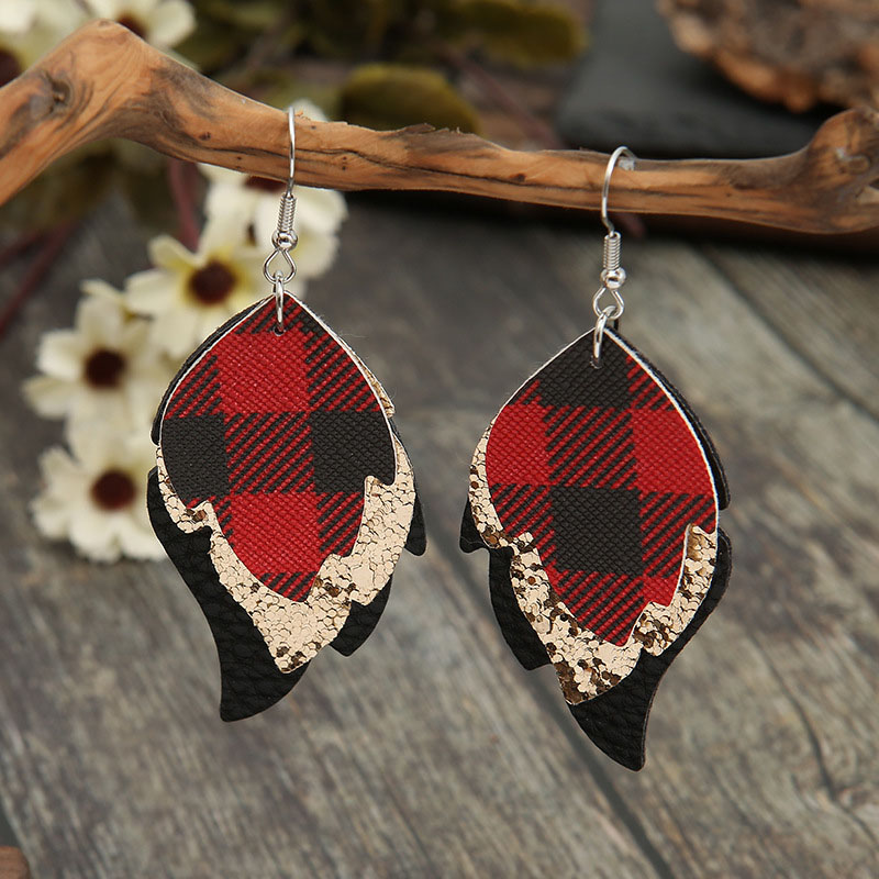 Christmas Tree Leaves Exaggerated Sequins Red And Black Checkered Triple Leather Earrings